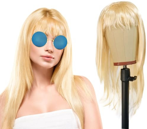 UILYNIU Lange Gerade Blond Perücke mit Sonnenbrille, Perücke für Frauen Mädchen, Perücke mit Pony, Hitzebeständiges Faserhaar für Party Cosplay Themenparty Karneval Kostüm Täglicher Gebrauch (Blond)