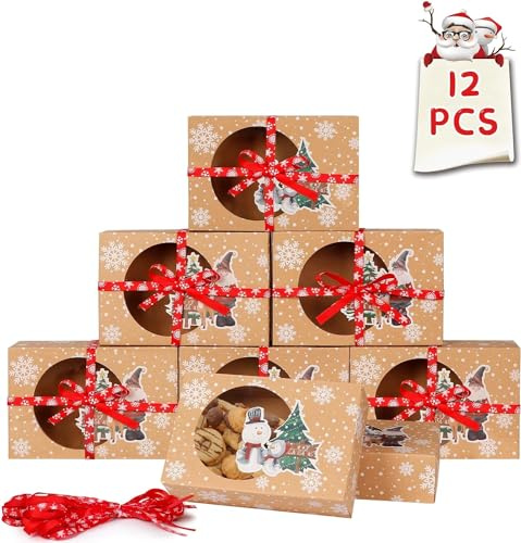 NEW-YIJUNSHUN 12PCS Christmas Cookie Boxes with Clear Window Paper Xmas Gift Cupcake Treat Sweet Candy Boxes with Paper Ropes for Christmas Party Supplies, 18.5 x 15.5 x 7CM