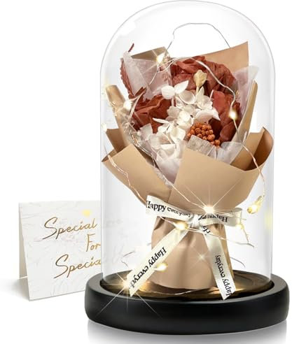 DINGHENG Ewige Rose im Glas mit LED, Hellbraune Rose Blumenstrauß, Geschenk für Frauen, Dekoration für Zuhause, Langlebige Echte Blumen für Freundin, Weihnachten Valentinstag Muttertag Geburtstag