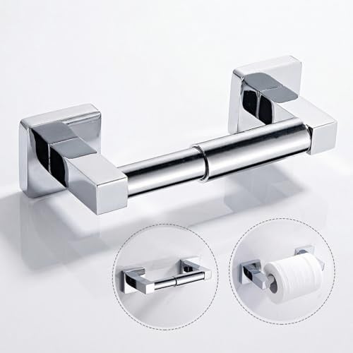 BOBASH Double Post Toilet Roll Holder, Spring Loaded Square Toilet Paper Holder Wall Mounted, Stainless Steel Metal Loo Roll with Spring Arm for Bathroom