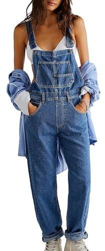 Felcia Women Classic Denim Overalls Loose Fit Straight Leg Adjustable Strap Suspender Jumpsuit Casual Jean Dungarees (Blue A, M)