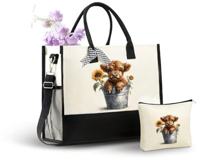INNObeta Highland Cow Gifts for Women Canvas Tote Bag with Top Zipper Closure and Shoulder Strap for Birthday, Mother's Day, Christmas