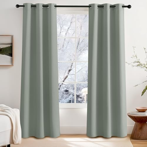 PONY DANCE Blackout Green Curtains Eyelet - Thermal Insulated Super Soft Curtains & Drapes Noise Reducing Window Treatment Drapes for Bedroom, 42 x 84 Inches, Sage Green, 2 Panels