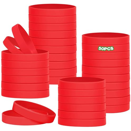HONTIUS 50 Pezzi Braccialetti In Silicone, 8'' Braccialetti In Gomma, Vuoto Elastici di Gomma per per Adulti Uomo Donna Scuola Insegnante Squadra Festa Fitness Corsa Sport Rosso