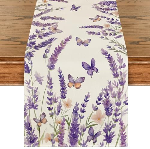 Kabwea 1 Küchentischläufer mit Lila Lavendel und Schmetterlingsmotiv, Frühling, Tischläufer Frühling, Frühlingsdeko Innen (183*33 cm)