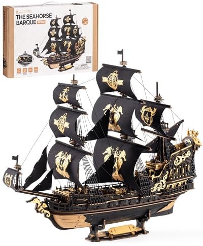 ROBOTIME Puzzle 3D Bois Voilier, Maquette Bateau en Bois a Construire, Mécanique DIY Construction de Bateaux, Puzzle Modèle pour Adulte Enfant, Echelle 1:100 Seahorse Barque MCB02