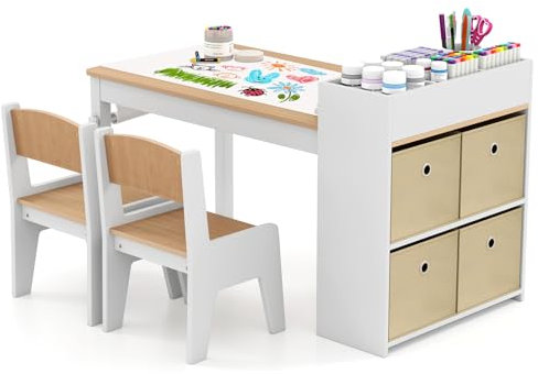 LIFEZEAL Kindertisch mit 2 Stühlen, Kinder Spieltisch und Stühle Set mit Papierrollen und 4 Stoffablagekörben, Aktivitätstisch zum Malen, Schreiben (Natur + Weiß)