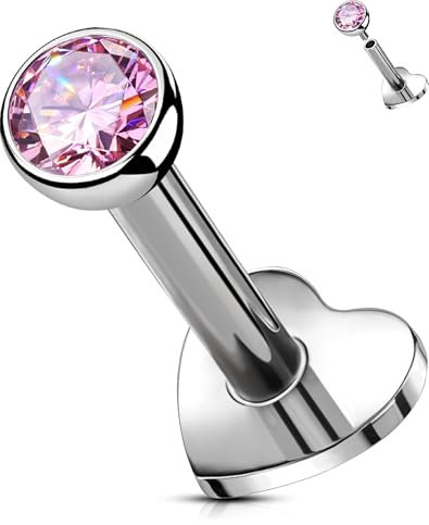 OUFER Body Piercing Clou Labret en Titane Médical Filetage Interne 16G 5/6/8/10/12mm Bijoux de Piercing à Dos Plat pour Lèvre Helix Tragus Conch Cartilage Pendentif CZ Rose Boucle d'Oreille Sécurisée