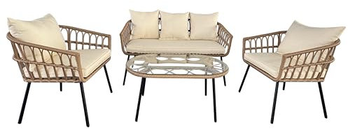 Plait, Gartenmöbel Set, Gartenlounge Möbel, 4-teiliges Garten-Loungeset, Pollyrattan, Sofa 128x74cm, 2 Sessel, Glastisch, Wetterfest Kissen Beige, ZENJOY Outdoor Furniture