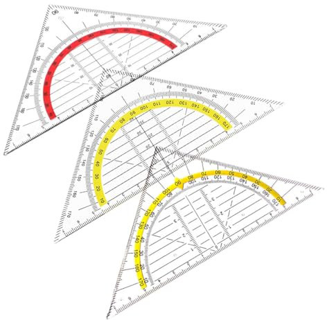 SGERUFZ triangolo geometrico in plastica in 3 pezzi, righello e strumento di misura in plastica, squadra goniometrica trasparente con scala gialla, alta precisione, per scuole e uffici (con borsa)