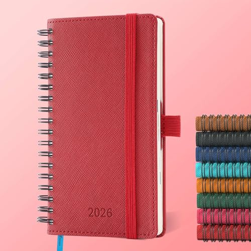 IN-LUXPRO Kalender 2026: Taschenkalender A6 Klein 16,4x9,6cm Ringbuch Buchkalender Terminplaner 2026 Wochenplaner Notizbuch,12-Monate(Jan.-Dez.) mit 100GSM Papier & Stiftschlaufe PU-Lede Rot