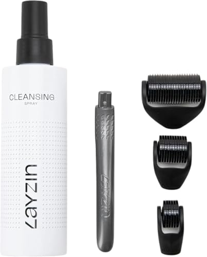 LAYZIN Derma Roller Set mit 3 Rollerköpfen (0,35 mm; 0,55 mm; 1,2 mm) und Reinigungsspray – Microneedling für Gesicht, Augen, Hals, Dekolleté und Körper – Inklusive 200 ml Reinigungsspray – Unisex