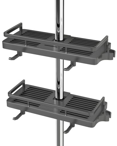 DIYGEEK 2 Stück Duschablage Ohne Bohren für Duschstange Grau für 18-25mm | Badezimmer Organizer mit 4 Haken für Runde Duschstangen, Höhenverstellbar