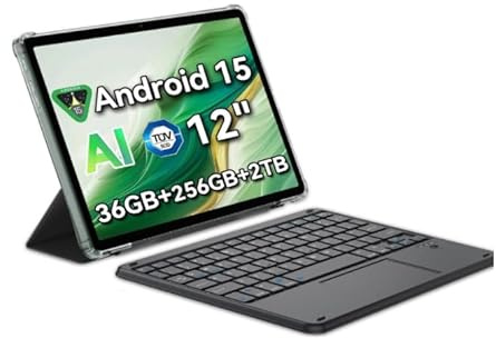 12 pollici Tablet Android 15 Gaming con slot per scheda SIM, penna, 36GB + 256GB (fino a 2TB), 2.4K 120Hz FHD + IPS Display, 9000mAh / 33W, 8MP + 16MP AI Camera, 5G (include tastiera Bluetooth)