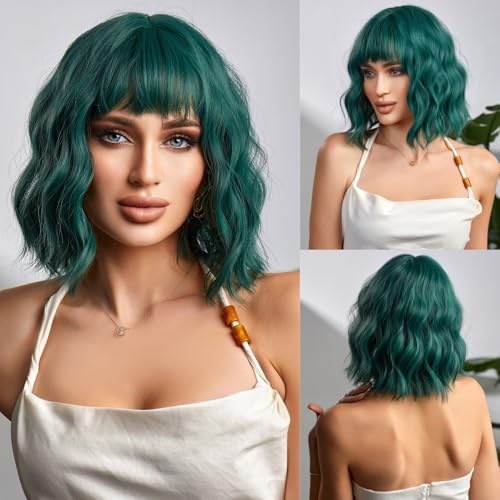 CGVG Kurze Gewellte Bob Perücke mit Pony Hitzebeständige Synthetische Lockige Schulterlange Perücke für Damen Frauen Cosplay Alltag Halloween Party Fasching Karneval (Grün)