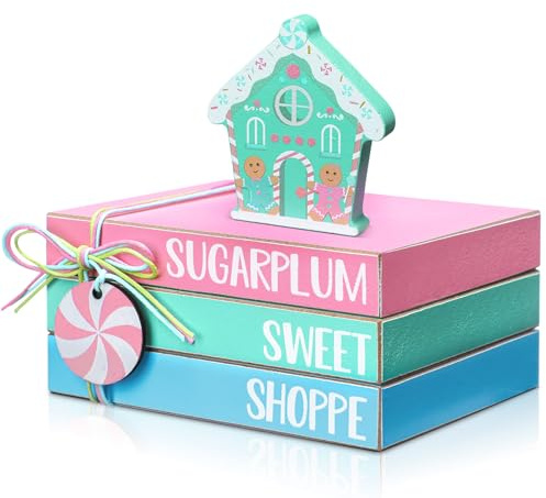 Yookeer 4 Pieces Pastel Christmas Gingerbread House Tiered Tray Decor Mini Wood Book Stacks Table Decorations Pastel Candy Wooden Book Table Sign for Christmas Home Room Mantle Fireplace Shelf