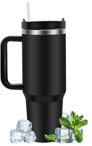 Gratuipolmep 40oz Tazza Termica con Cannuccia e Manico, Borraccia Termica per Auto in Acciaio Inox a Doppia Parete, Tazze Isolate Senza BPA, Tazza Mug Termica, per Bevande Calde e Fredde, Nero