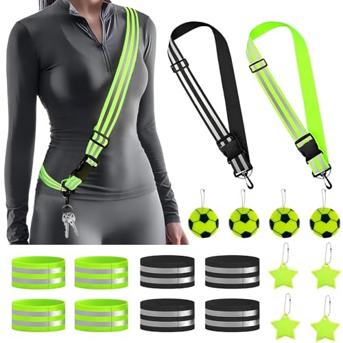 ROTKUSZ 18 Stück Reflektoren Kleidung Set, 8 Reflektorband, 2 Reflektor Gürtel Verstellbaren, 8 Reflektoren Anhänger, Hochsichtbare Verstellbar Nacht Laufgürtel für Männer Frauen Kinder