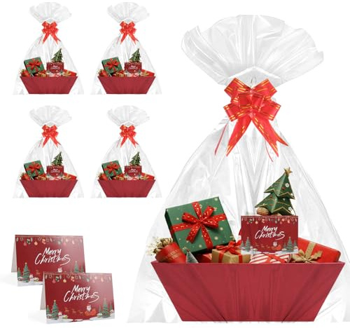 Axlyca Präsentkorb Leer Pappe Set,25x17x9cm Geschenkkorb Leer, Große Präsentkorb Lee Geschenk Körbchek Mit Geschenktüte, Schleife und Grußkarte,Körbe für Geschenke Geburtstag,Hochzeit, Weihnachte,5PCS