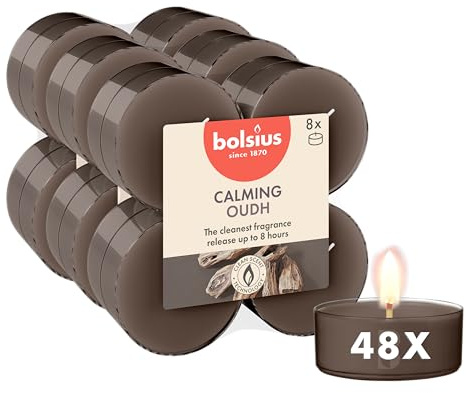 Bolsius - Maxi Duftteelichter - Oud Wood - braun - 48 Stück - Natürliche Extrakte – Enthält Veganes Wachs – Ohne Palmöl