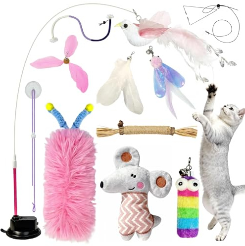 7-in-1 Interaktiv Katzenspielzeug Selbstbeschäftigung, Katzen Wand Rosa | Katzenangel mit Waschbarem Saugnapf, Hängendes Katzenspielzeug Set, Katzenminze Stick und Katze Beißseil Kauspielzeug Feder