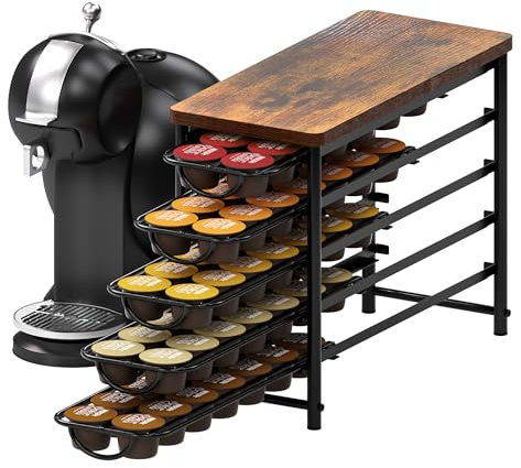 5 Tier Coffee Pod Holder for Dolce Gusto, 70 Capsules Capacity Metal Pods Storge with Wooden Top, Vintage Non-Slip Sliding Coffee Capsule Holder Organizer for Kitchen Small Space Counters