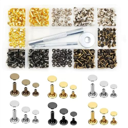 Leather Rivets, 180Pcs Double Cap Rivet, 3 Sizes Tubular Metal Studs Multicolor Double Cap Rivetswith Leather Hole Punch Pliers and Fixing Tool Kit for DIY Leathers Crafts Jackets(4 Colours)