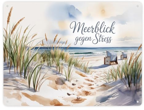 speecheese Metallschild XXL in 28x38 cm Ostsee Strandkorb - Meerblick | gegen Stress Lustiges Blechschild für Strandkorb-Fans