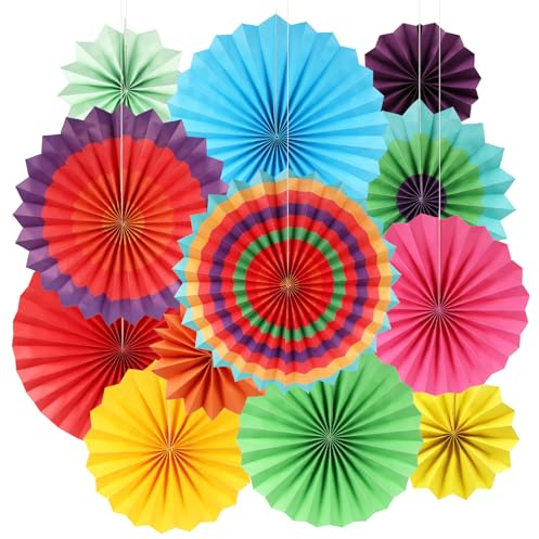 BestoFun 12 Stück Bunt Papier Fächer Bunte Party Deko Fasching Dekoration für Party Hochzeit Geburtstag Festival Event Karneval Deko