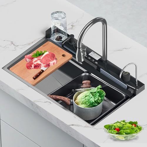 Évier de Cuisine,lavabo Cuisine Avecavec Trous pour Robinets et Distributeur de Savon,Évier à Cascade Numérique Acier Inoxydable,Cuisine Multifonction Accessoires D'évier Complets,75 * 46 * 21cm (A)