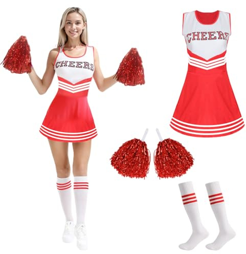 MUNSKT Cheerleader Fancy Dress Outfit,Cheerleading Outfit with Pom Poms,Cheerleader Costume for Women Girls,Uniform High School Dress,Cheerleader Outfit Adult Fancy Dress Costume