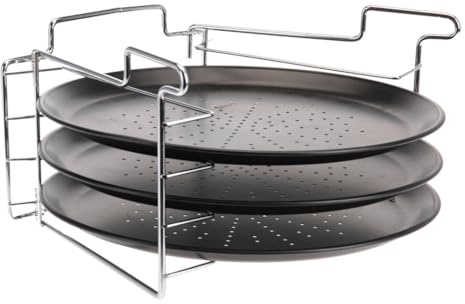 Muddy Hands 3 Pizza Tray Set with Metal Rack – Non-Stick Round Pizza Pans for Oven Baking, Crispy Base Pizza Trays with Stacking Storage Stand