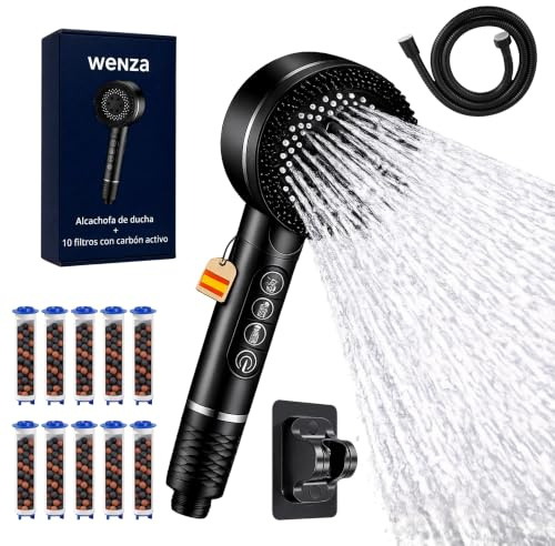 WENZA Cabezal Ducha con 10 Filtros 15 etapas Antical | Alcachofa de Ducha Oasis con 10 Filtros Alta Presión con Manguera 1,5 m y Soporte Pared