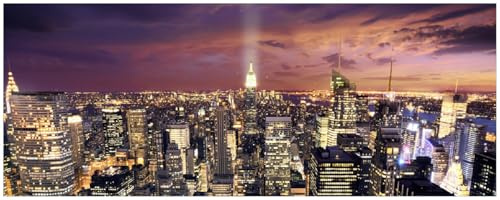 Wallario Memoboard aus Glas mit Motiv, Magnet-Tafel in 32 x 80 cm in Premium Qualität New York bei Nacht - Panoramablick über die Stadt
