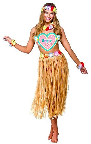 CHSYOO Hawaii Party Kostüm Set von 4 in 1, Hula Rock + Blume Stirnband + 2 Blumen Armband + Halskette Girlande.