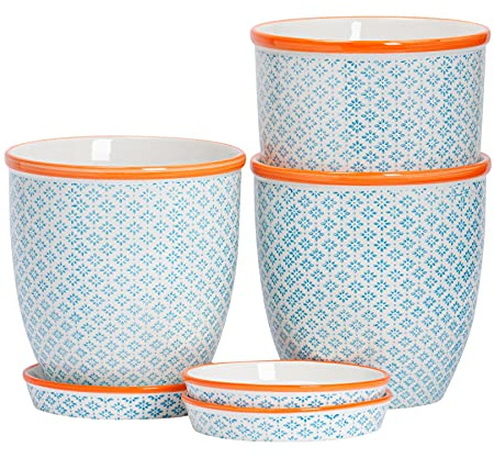 Nicola Spring Patterned Plant Pots with Saucers - Blue - 3 Pack - 20.5cm Stoneware Plant Pots Indoor Stoneware Planter with Tray Outdoor Garden Flower Planter