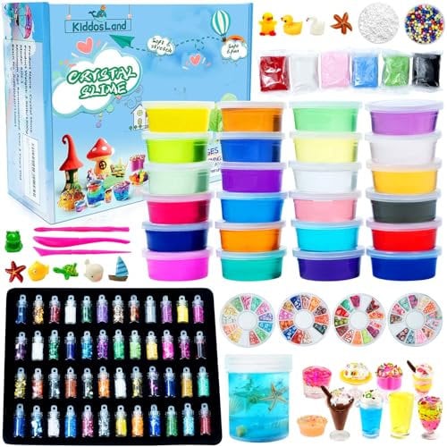 DIY Slime Fluffy Kit - 24 Farben Schleim Kit für Mädchen Jungs Spielzeug mit 48 Glitter-Pulver, klares Schleim-Zubehör für Kunsthandwerk für Kinder, lufttrockenen Lehm, Fruchtscheiben und -werkzeug