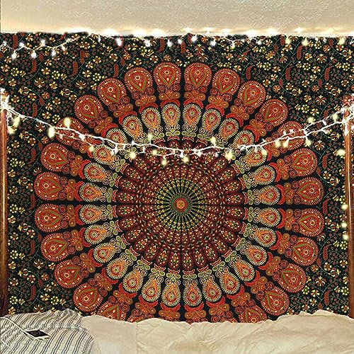 Bless International Indischer Hippie Bohemian Psychedelic Peacock Mandala Wandbehang Bettwäsche Tapisserieoth (Golden Green, Medium(54x60Inches)(137x152cms))