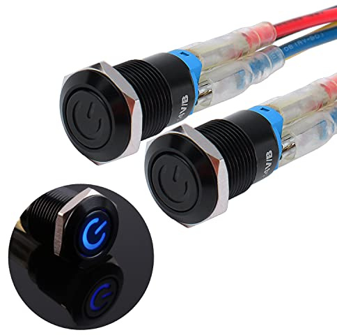 JIQI 2 × 12 mm Interruttore a pulsante impermeabile a scatto da 12 V a 24 V 2 A IP66 1NO Pulsante a scatto con simbolo di alimentazione LED Interruttore a pulsante ON/OFF in metallo nero (blu)