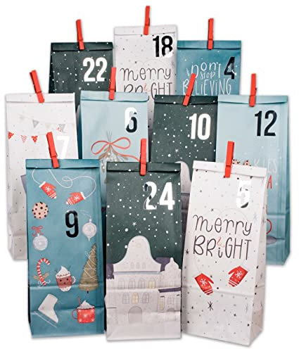 Papierdrachen Adventskalender 2025 zum Befüllen - 24 bedruckte, nachhaltige Geschenktüten in Blau mit Zahlenaufklebern & Klammern - Weihnachtsmotiv in Blau - DIY Bastelset für Weihnachten