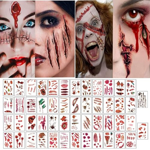 350 Stück Temporäre Tattoos - Zombie Scars, Narben Mit Blut, Horror Ritzen - Halloween Gesicht Aufkleber für Kostüm Makeup Stützen