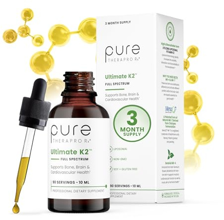 Pure Therapro Rx Ultimate K2 Supplement | Liquid Liposomal Vitamin K2 Drops | 90 Servings | 600mcg Vegan K2 as MK4 & MenaQ7 MK7 | Supports Bone Health, Heart Health, Skin & Hair | 10 mL