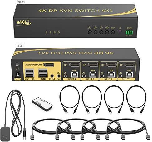 Huasion KVM Switch Displayport 4 Port DP 1.2 4x1 Supports 4K@60Hz 4:4:4 hotkey Switching Keyboard Mouse Audio with USB 2.0 Control up to 4 PCs
