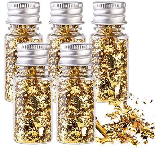 Blattgold Flocken, Imitation Gold Flocken, Essbare Blattgoldblätter, Gold Blatt Flocken, 5 Set Gold Folien Flocken für Epoxidharz, Nagelkunst, Resin, Dekoration, Kunsthandwerk, mit Pinzette