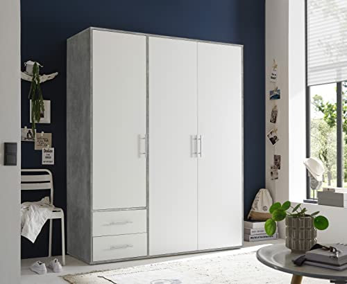 möbelando Kleiderschrank Valencia in Beton Optik/Weiß mit 2 Schubladen und 3 Türen. Abmessungen (BxHxT) 155x195x60 cm