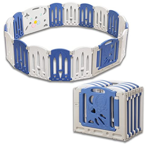 Froadp Faltbare Kinder Laufgitter & -ställe 16+2 Paneele HDPE Laufstall inkl. Tür & Spielzeugboard Babyzaun Absperrgitter Mobile Krabbeln Playpens Sicherheits Bällebad für Kinder (196x190x62cm)