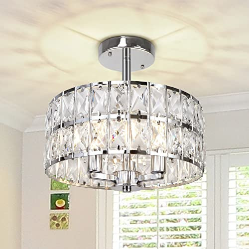 LynPon Chrom Kristall Deckenleuchte Moderne 32cm Deckenlampe 3 Flammig Runder Trommel Kronleuchter E14 Pendelleuchte für Esszimmer, Wohnzimmer, Küche, Schlafzimmer, Flur, Eingangsbereich, Foyer