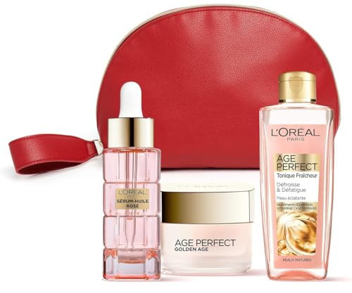 L’Oréal Paris – Trousse Cadeau Routine Éclat pour Peaux Matures – Éclat, Fraîcheur, Vitalité et Fermeté – Tonique Fraîcheur, Sérum-Huile Rosé, Soin Jour Rosé – Age Perfect Golden Age – 3 produits