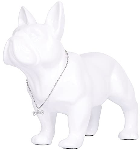 SHENGTIAN Stehende Französische Bulldogge – Deko Hundeskulptur aus Polyresin mit Silberhalskette – Bulldogge Figur für Wohnzimmer & Couchtisch (Weiß,29cm)