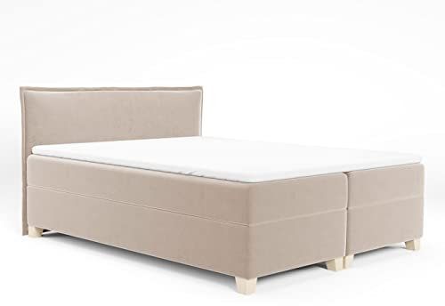 Boxspringbett Fren mit 2 Bettkästen - Doppelbett mit Bonell-Matratze und Topper, Polsterbett mit Holzfüße, Bett, Bettgestell Schlafzimmer (Beige (Paros 02), 180 x 200 cm)